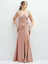 Front View Thumbnail - Toasted Sugar Draped Wrap Stretch Satin Mermaid Dress with Horsehair Hem