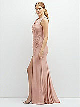 Side View Thumbnail - Toasted Sugar Draped Wrap Stretch Satin Mermaid Dress with Horsehair Hem
