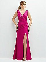 Front View Thumbnail - Think Pink Draped Wrap Stretch Satin Mermaid Dress with Horsehair Hem