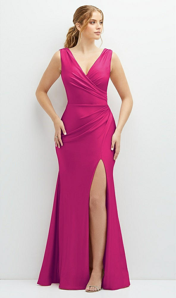 Front View - Think Pink Draped Wrap Stretch Satin Mermaid Dress with Horsehair Hem