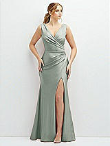 Front View Thumbnail - Willow Green Draped Wrap Stretch Satin Mermaid Dress with Horsehair Hem