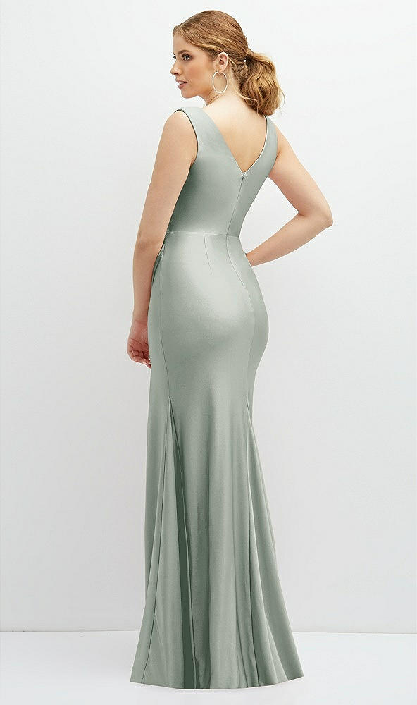 Back View - Willow Green Draped Wrap Stretch Satin Mermaid Dress with Horsehair Hem
