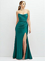 Front View Thumbnail - Peacock Teal Strapless Basque-Neck Draped Stretch Satin Mermaid Dress with Horsehair Hem