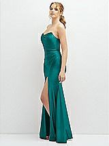 Side View Thumbnail - Peacock Teal Strapless Basque-Neck Draped Stretch Satin Mermaid Dress with Horsehair Hem