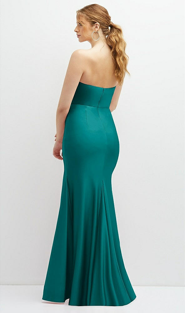 Back View - Peacock Teal Strapless Basque-Neck Draped Stretch Satin Mermaid Dress with Horsehair Hem