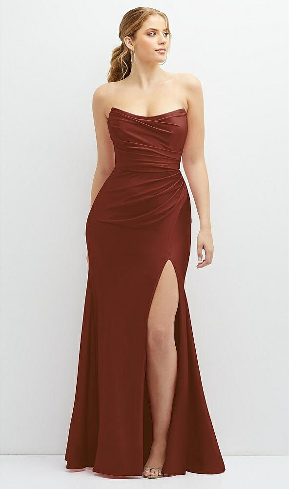 Front View - Auburn Moon Strapless Basque-Neck Draped Stretch Satin Mermaid Dress with Horsehair Hem