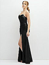 Side View Thumbnail - Black Strapless Basque-Neck Draped Stretch Satin Mermaid Dress with Horsehair Hem