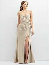 Front View Thumbnail - Champagne Strapless Basque-Neck Draped Stretch Satin Mermaid Dress with Horsehair Hem