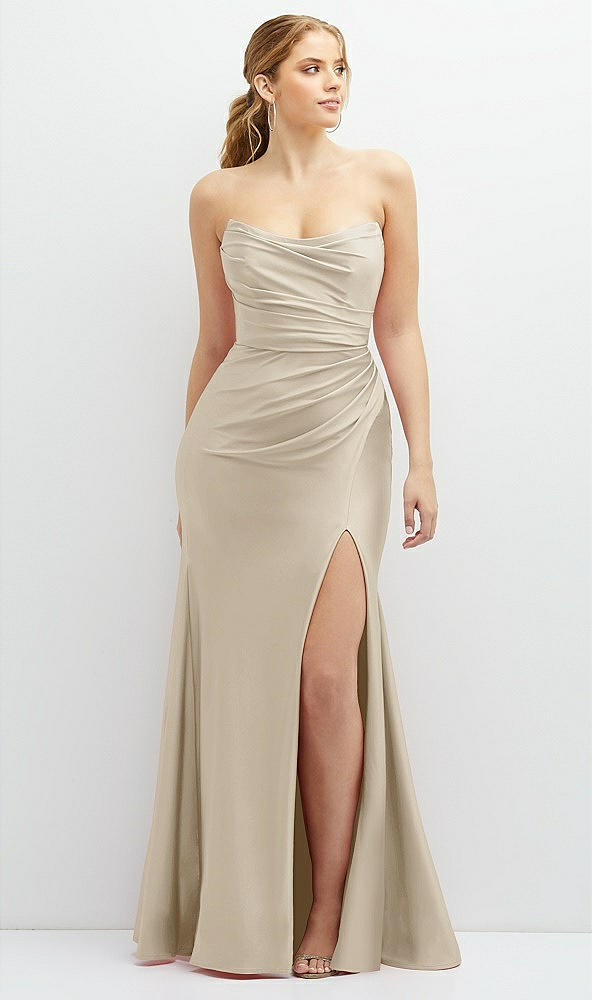 Front View - Champagne Strapless Basque-Neck Draped Stretch Satin Mermaid Dress with Horsehair Hem