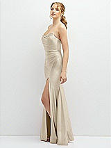 Side View Thumbnail - Champagne Strapless Basque-Neck Draped Stretch Satin Mermaid Dress with Horsehair Hem