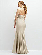 Rear View Thumbnail - Champagne Strapless Basque-Neck Draped Stretch Satin Mermaid Dress with Horsehair Hem