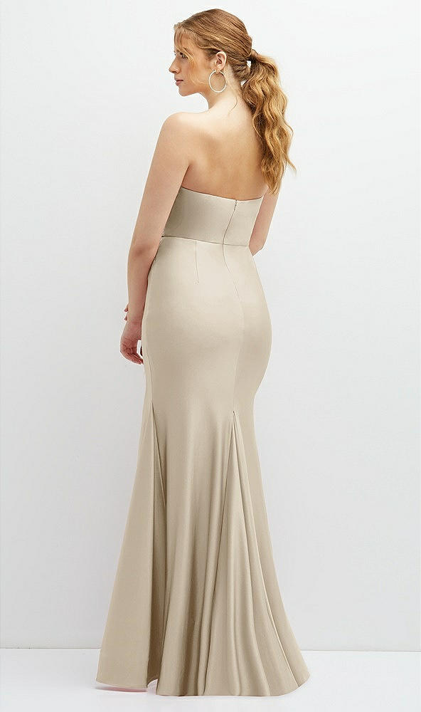 Back View - Champagne Strapless Basque-Neck Draped Stretch Satin Mermaid Dress with Horsehair Hem