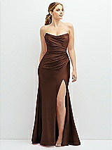 Front View Thumbnail - Cognac Strapless Basque-Neck Draped Stretch Satin Mermaid Dress with Horsehair Hem
