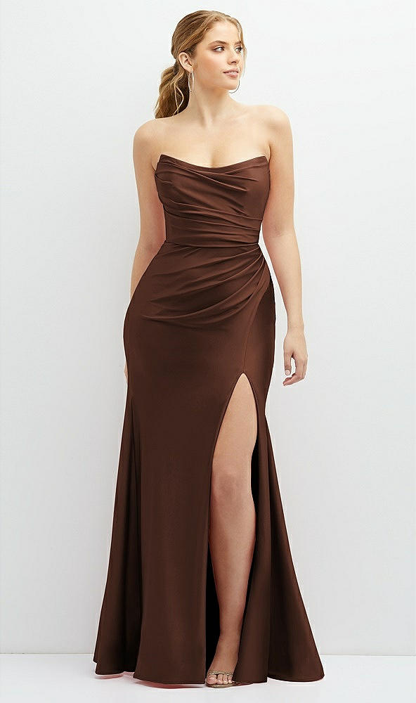 Front View - Cognac Strapless Basque-Neck Draped Stretch Satin Mermaid Dress with Horsehair Hem