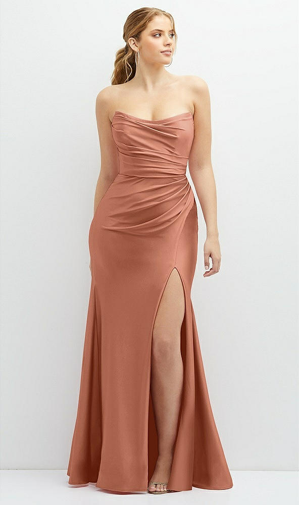 Front View - Copper Penny Strapless Basque-Neck Draped Stretch Satin Mermaid Dress with Horsehair Hem