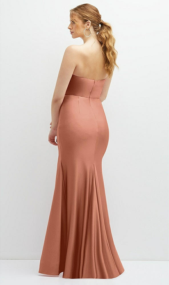 Back View - Copper Penny Strapless Basque-Neck Draped Stretch Satin Mermaid Dress with Horsehair Hem