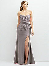 Front View Thumbnail - Cashmere Gray Strapless Basque-Neck Draped Stretch Satin Mermaid Dress with Horsehair Hem