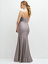 Rear View Thumbnail - Cashmere Gray Strapless Basque-Neck Draped Stretch Satin Mermaid Dress with Horsehair Hem