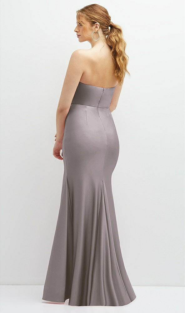 Back View - Cashmere Gray Strapless Basque-Neck Draped Stretch Satin Mermaid Dress with Horsehair Hem