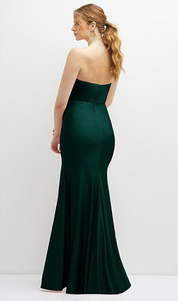 Back View - Evergreen Strapless Basque-Neck Draped Stretch Satin Mermaid Dress with Horsehair Hem