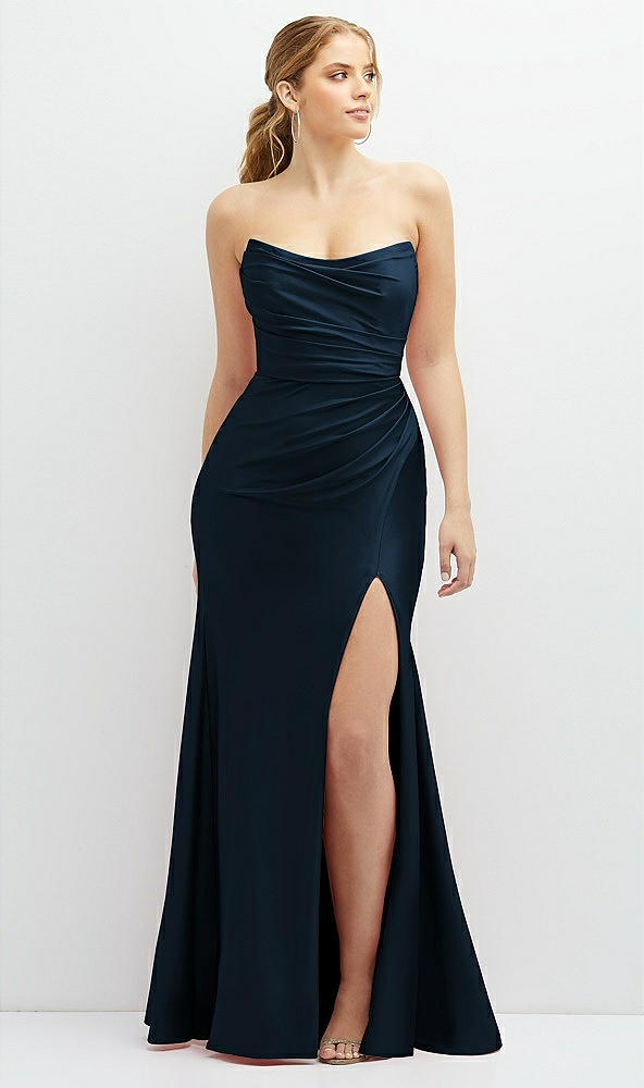 Front View - Midnight Navy Strapless Basque-Neck Draped Stretch Satin Mermaid Dress with Horsehair Hem