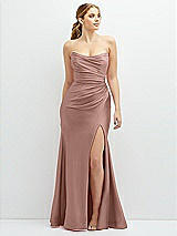 Front View Thumbnail - Neu Nude Strapless Basque-Neck Draped Stretch Satin Mermaid Dress with Horsehair Hem