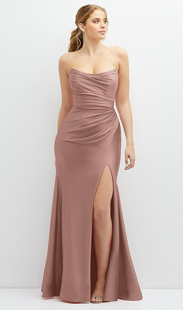 Front View - Neu Nude Strapless Basque-Neck Draped Stretch Satin Mermaid Dress with Horsehair Hem