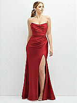 Front View Thumbnail - Poppy Red Strapless Basque-Neck Draped Stretch Satin Mermaid Dress with Horsehair Hem