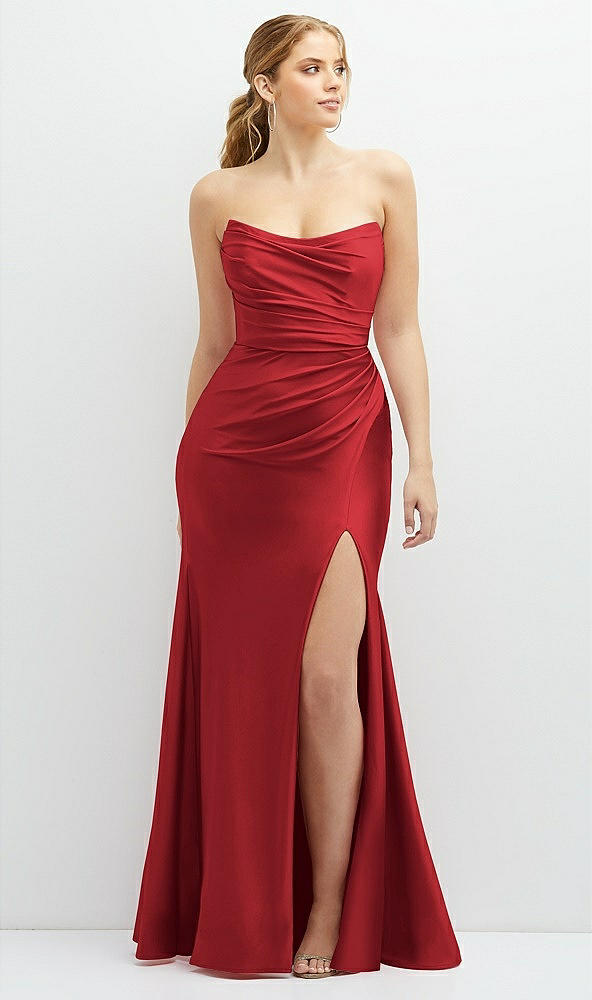 Front View - Poppy Red Strapless Basque-Neck Draped Stretch Satin Mermaid Dress with Horsehair Hem