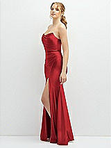 Side View Thumbnail - Poppy Red Strapless Basque-Neck Draped Stretch Satin Mermaid Dress with Horsehair Hem