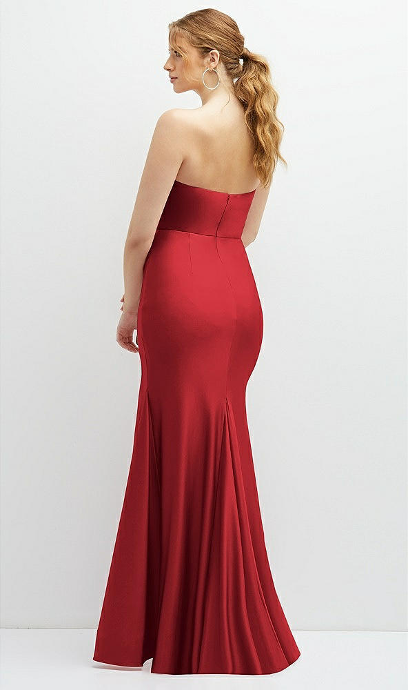 Back View - Poppy Red Strapless Basque-Neck Draped Stretch Satin Mermaid Dress with Horsehair Hem