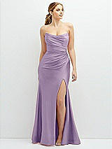 Front View Thumbnail - Pale Purple Strapless Basque-Neck Draped Stretch Satin Mermaid Dress with Horsehair Hem