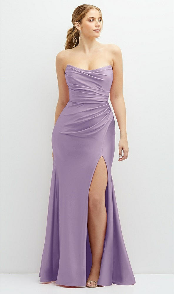 Front View - Pale Purple Strapless Basque-Neck Draped Stretch Satin Mermaid Dress with Horsehair Hem