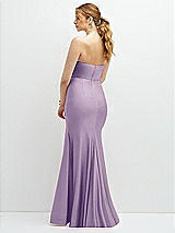Rear View Thumbnail - Pale Purple Strapless Basque-Neck Draped Stretch Satin Mermaid Dress with Horsehair Hem
