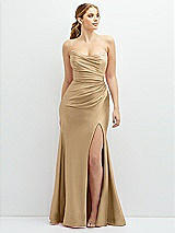 Front View Thumbnail - Soft Gold Strapless Basque-Neck Draped Stretch Satin Mermaid Dress with Horsehair Hem