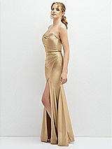Side View Thumbnail - Soft Gold Strapless Basque-Neck Draped Stretch Satin Mermaid Dress with Horsehair Hem