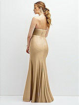 Rear View Thumbnail - Soft Gold Strapless Basque-Neck Draped Stretch Satin Mermaid Dress with Horsehair Hem