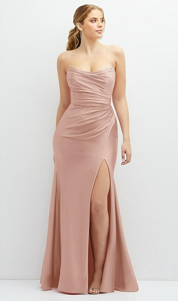 Front View - Toasted Sugar Strapless Basque-Neck Draped Stretch Satin Mermaid Dress with Horsehair Hem