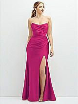 Front View Thumbnail - Think Pink Strapless Basque-Neck Draped Stretch Satin Mermaid Dress with Horsehair Hem