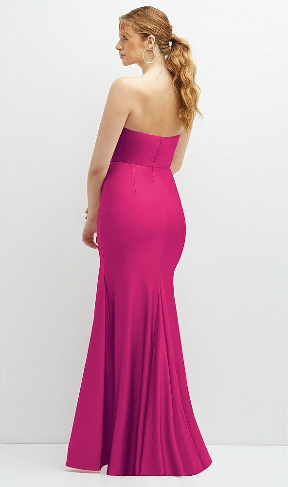 Back View - Think Pink Strapless Basque-Neck Draped Stretch Satin Mermaid Dress with Horsehair Hem
