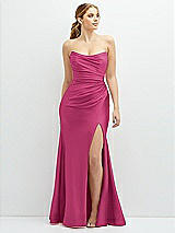 Front View Thumbnail - Tea Rose Strapless Basque-Neck Draped Stretch Satin Mermaid Dress with Horsehair Hem
