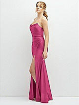 Side View Thumbnail - Tea Rose Strapless Basque-Neck Draped Stretch Satin Mermaid Dress with Horsehair Hem