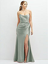 Front View Thumbnail - Willow Green Strapless Basque-Neck Draped Stretch Satin Mermaid Dress with Horsehair Hem