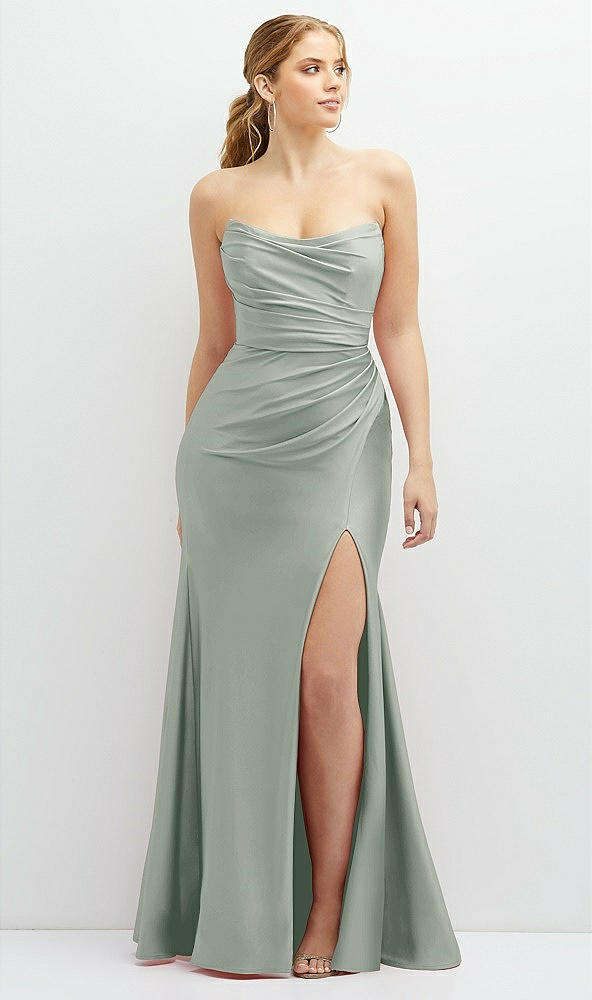 Front View - Willow Green Strapless Basque-Neck Draped Stretch Satin Mermaid Dress with Horsehair Hem