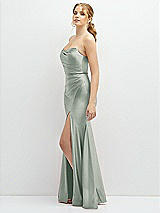 Side View Thumbnail - Willow Green Strapless Basque-Neck Draped Stretch Satin Mermaid Dress with Horsehair Hem