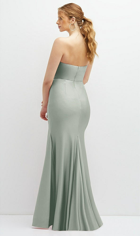 Back View - Willow Green Strapless Basque-Neck Draped Stretch Satin Mermaid Dress with Horsehair Hem