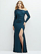 Front View Thumbnail - Atlantic Blue Long Sleeve Cold-Shoulder Draped Stretch Satin Mermaid Dress with Horsehair Hem
