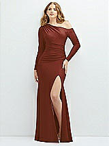 Front View Thumbnail - Auburn Moon Long Sleeve Cold-Shoulder Draped Stretch Satin Mermaid Dress with Horsehair Hem