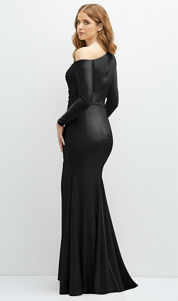 Back View - Black Long Sleeve Cold-Shoulder Draped Stretch Satin Mermaid Dress with Horsehair Hem