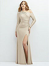 Front View Thumbnail - Champagne Long Sleeve Cold-Shoulder Draped Stretch Satin Mermaid Dress with Horsehair Hem